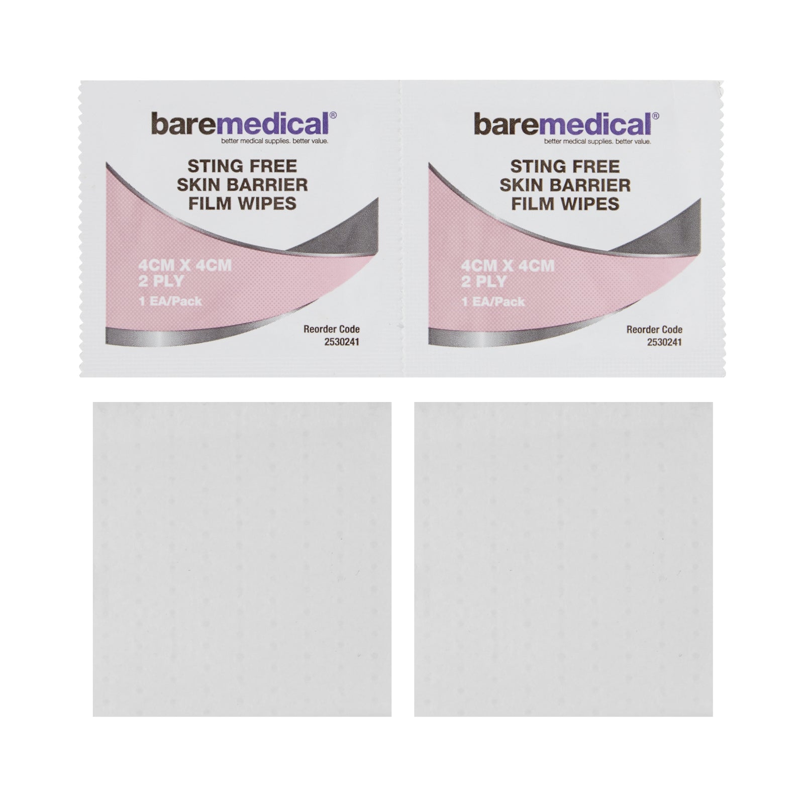 CH2 Bare Medical Sting-Free Skin Barrier Film Wipes, 4x4cm, 2-ply, for skin protection and care, shown in the image.