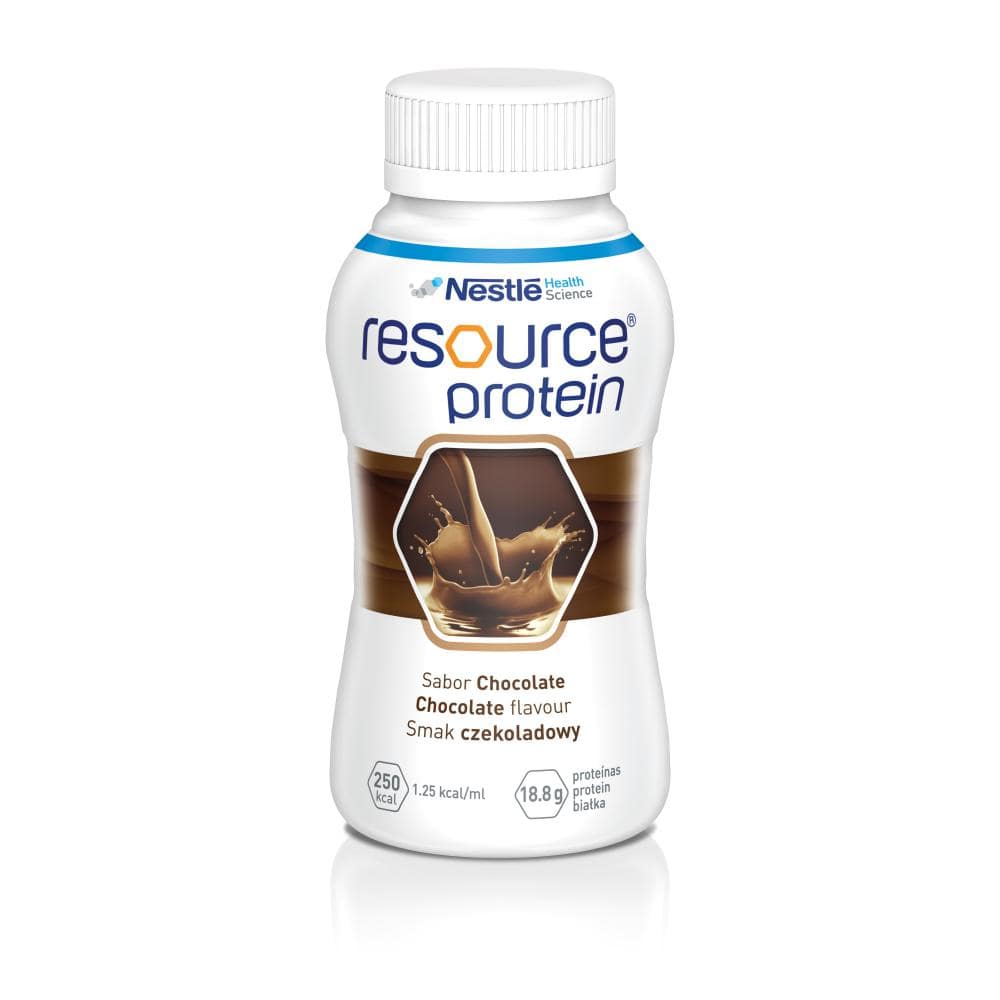 Nestlé Resource Protein Chocolate nutrition drink in 200mL cartons, featuring rich chocolate flavor and protein content.
