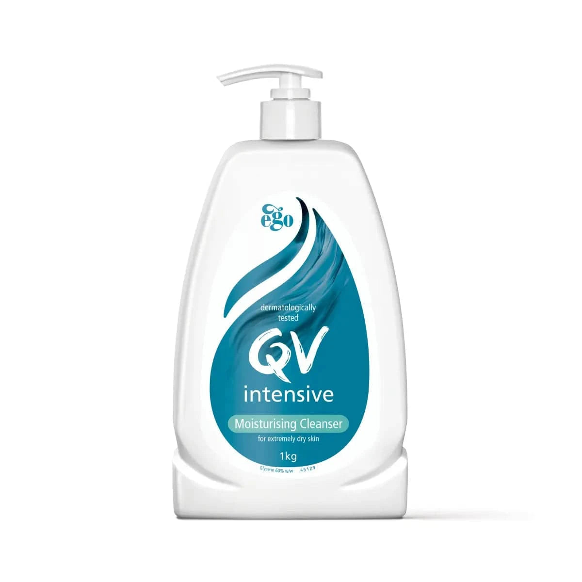 Ego QV Intensive Cleanser 1KG in a white bottle, featuring a flip-top cap, ideal for gentle skin cleansing.