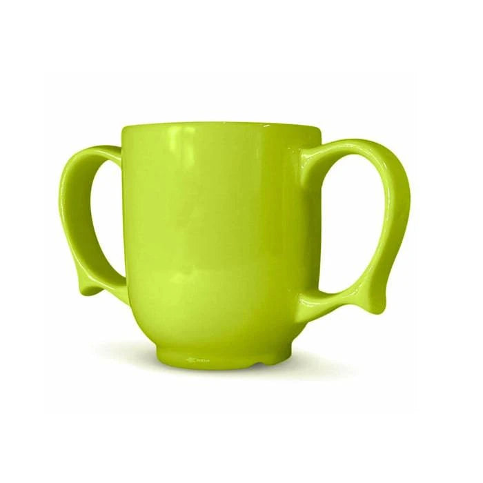 Green Dignity By Wade two-handled 250ML mug, an ergonomic accessory for comfortable drinking, branded by Performance Health.