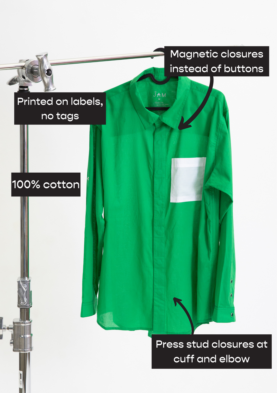 Green long sleeve shirt by JAM the Label, featuring a magnetic closure and stylish design.