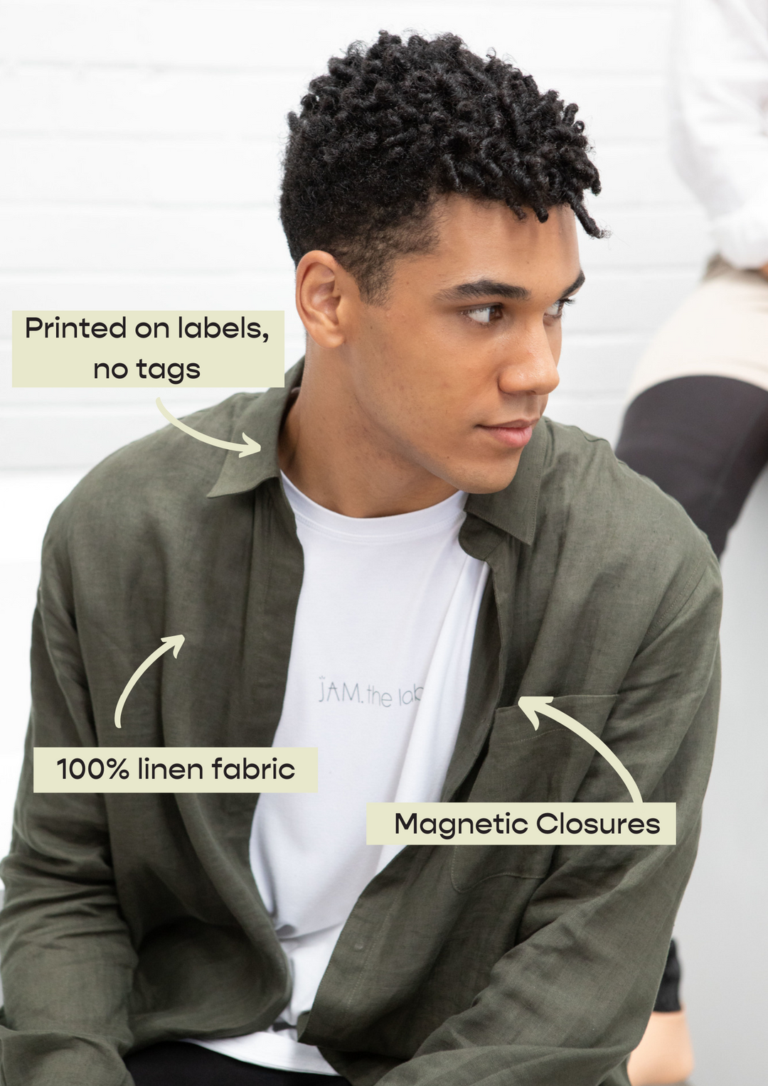 Lightweight JAM the Label men's linen shirt in a relaxed fit, showcasing a soft fabric and casual style.