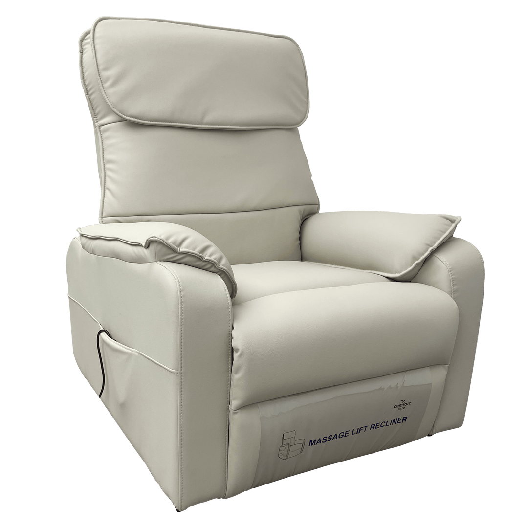 ComfortCare Zen Massage Lift Recliner by Pinnacle, showing plush beige fabric, padded armrests, and a fully extended reclined position.