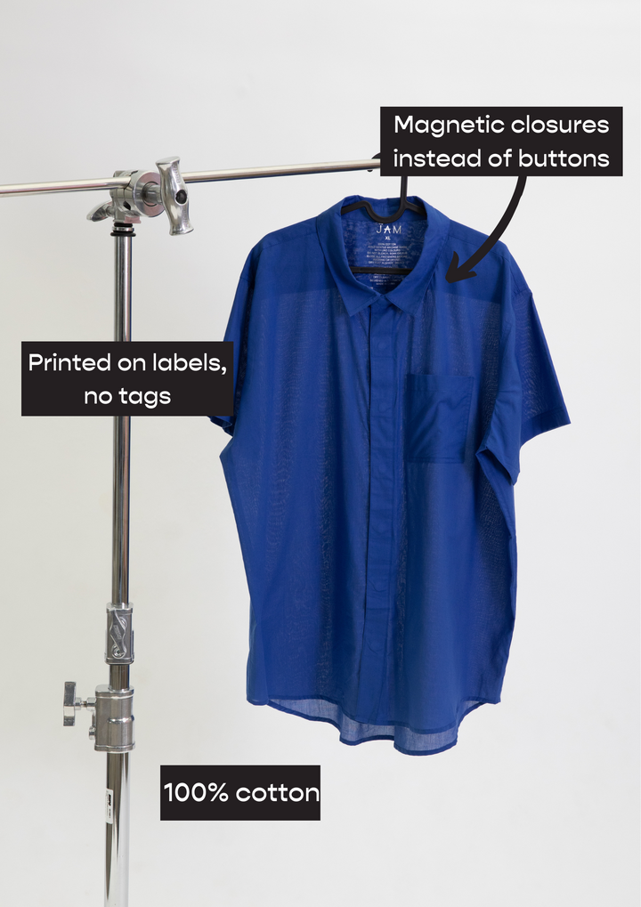 Cobalt short sleeve shirt by JAM the Label, featuring a magnetic closure and casual fit, displayed on a white background.