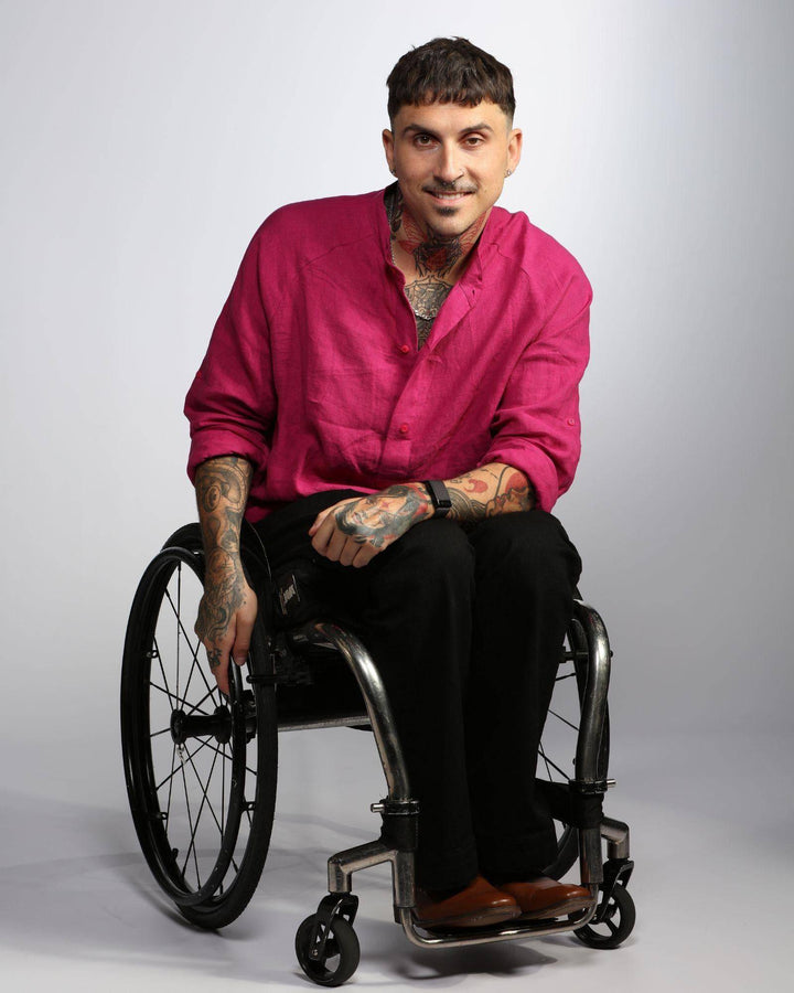 Christina Stephens Cruiser Magnetic Linen Shirt, adaptive clothing designed for dexterity support, featuring a relaxed fit.