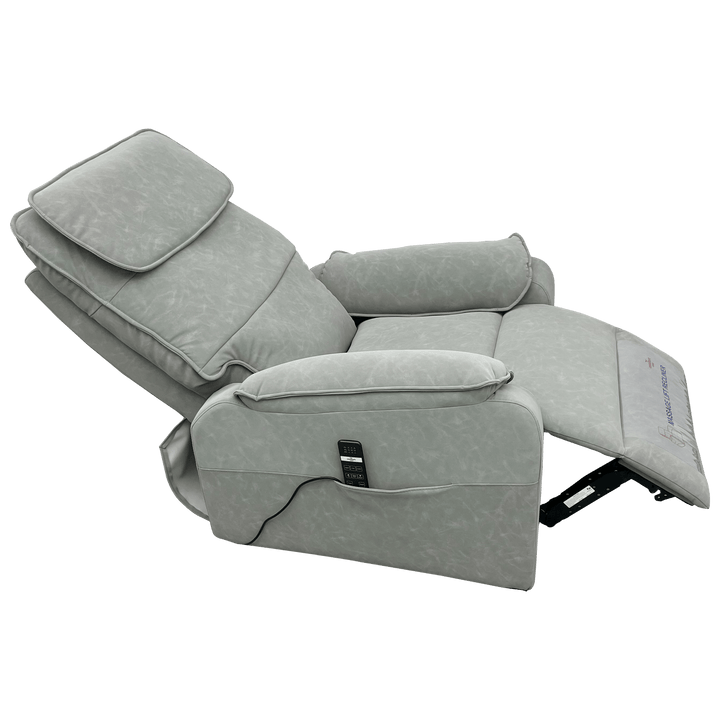 Pinnacle ComfortCare Zen massage lift recliner in beige fabric with plush cushioning and built-in control panel for relaxation.