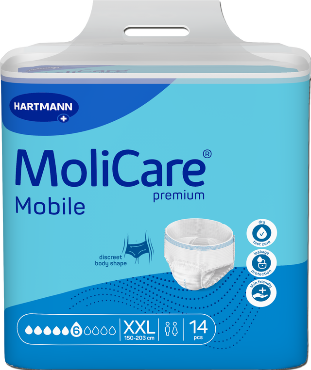 MoliCare Premium Mobile 6 Drops pack showcasing front design of XXL continence products for discreet protection.