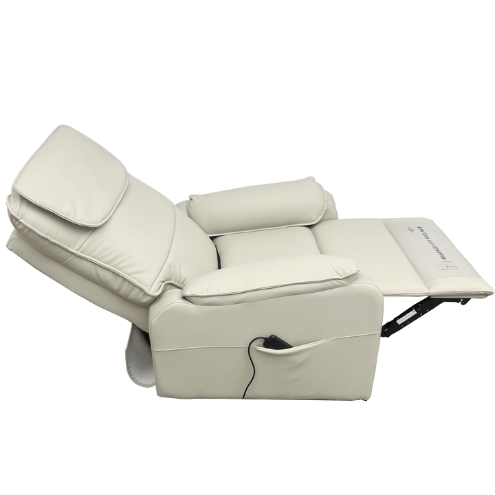 Pinnacle ComfortCare Zen massage lift recliner in beige fabric with padded armrests and plush cushioning.