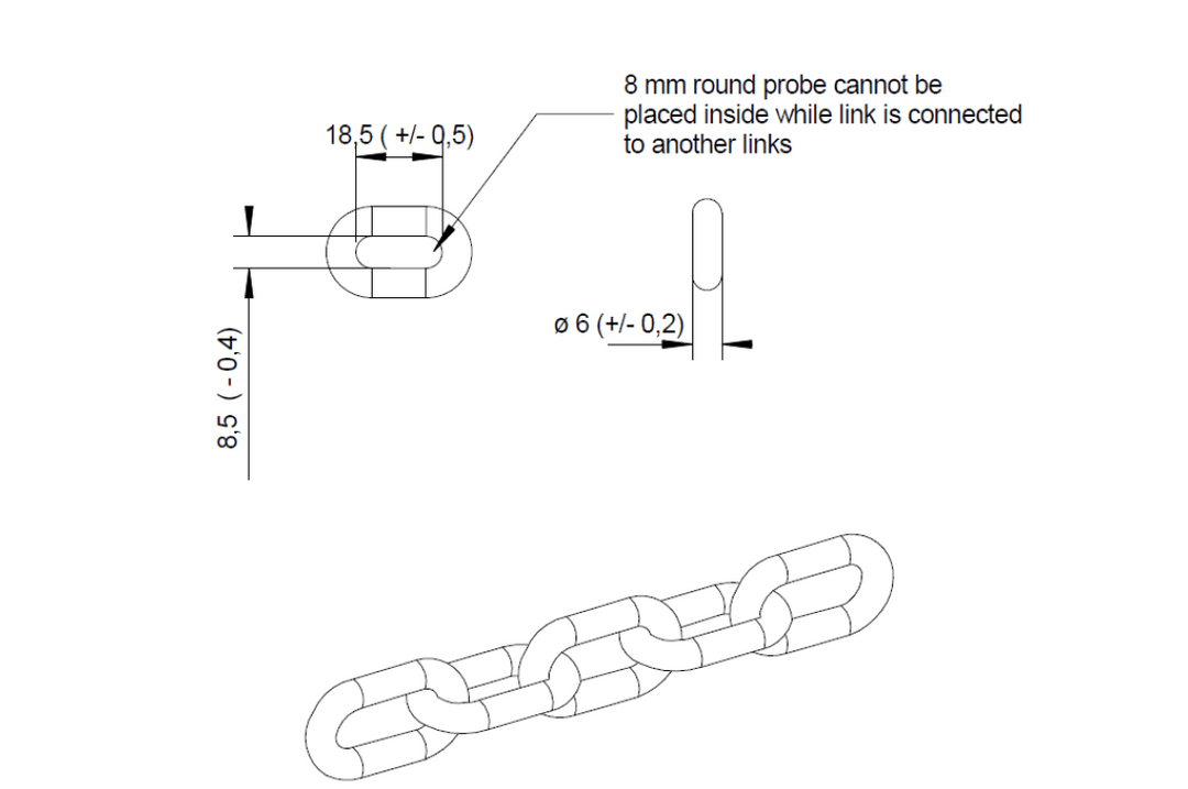 Stainless steel short link chain, 6mm thickness, measuring for play equipment use, by Special Needs Play Equipment.