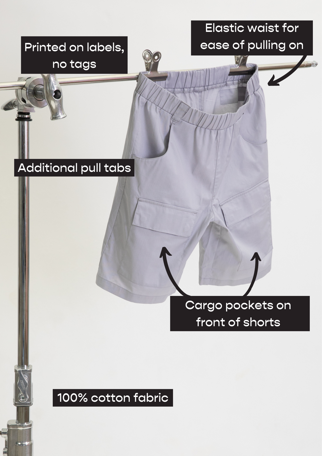 JAM the Label Easy-On Cargo Shorts in khaki with side pockets and a comfortable fit against a neutral background.