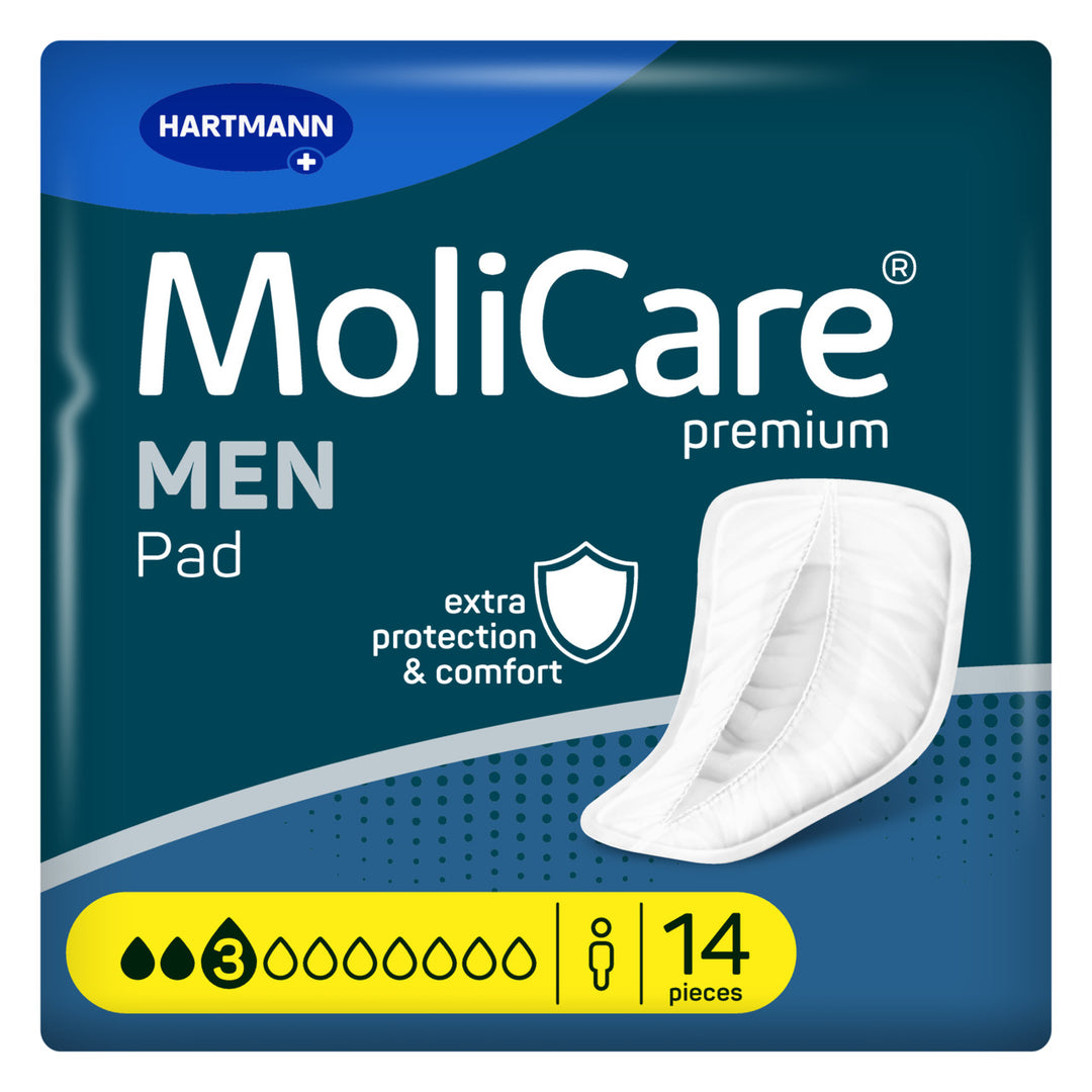 MoliCare Premium Men Pad, contoured absorbent pad designed for male incontinence protection, shown in packaging.