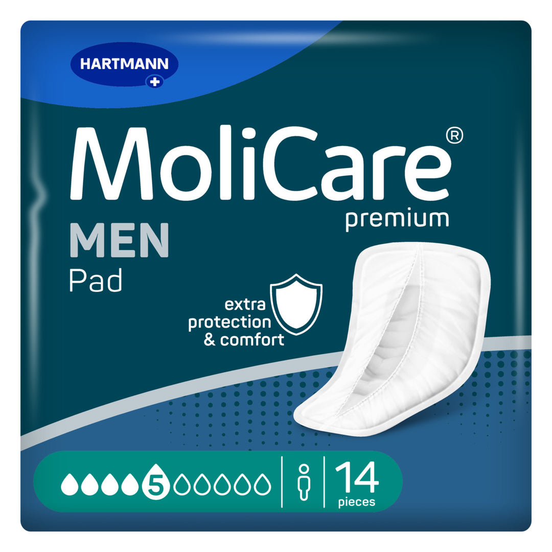 MoliCare Premium Men Pad for continence care, featuring a soft, absorbent design tailored for men's needs.