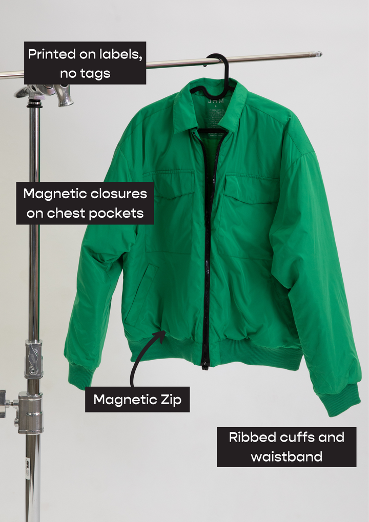 JAM the Label magnetic zip bomber jacket featuring a sleek design and modern fit in a stylish color.