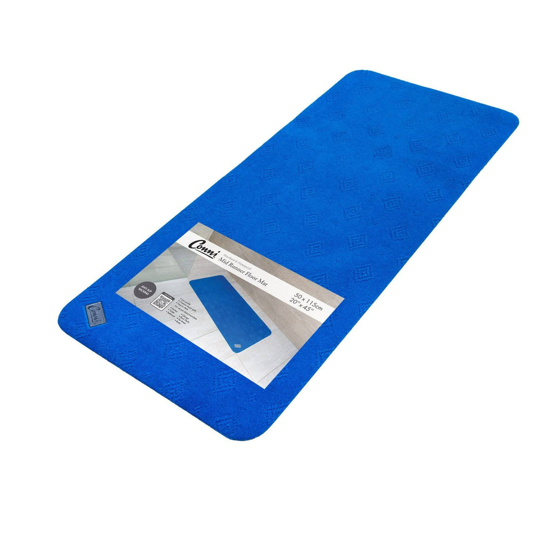 Conni royal blue anti-slip absorbent floor mat mid runner with Manchester design, ideal for bathroom or kitchen floors