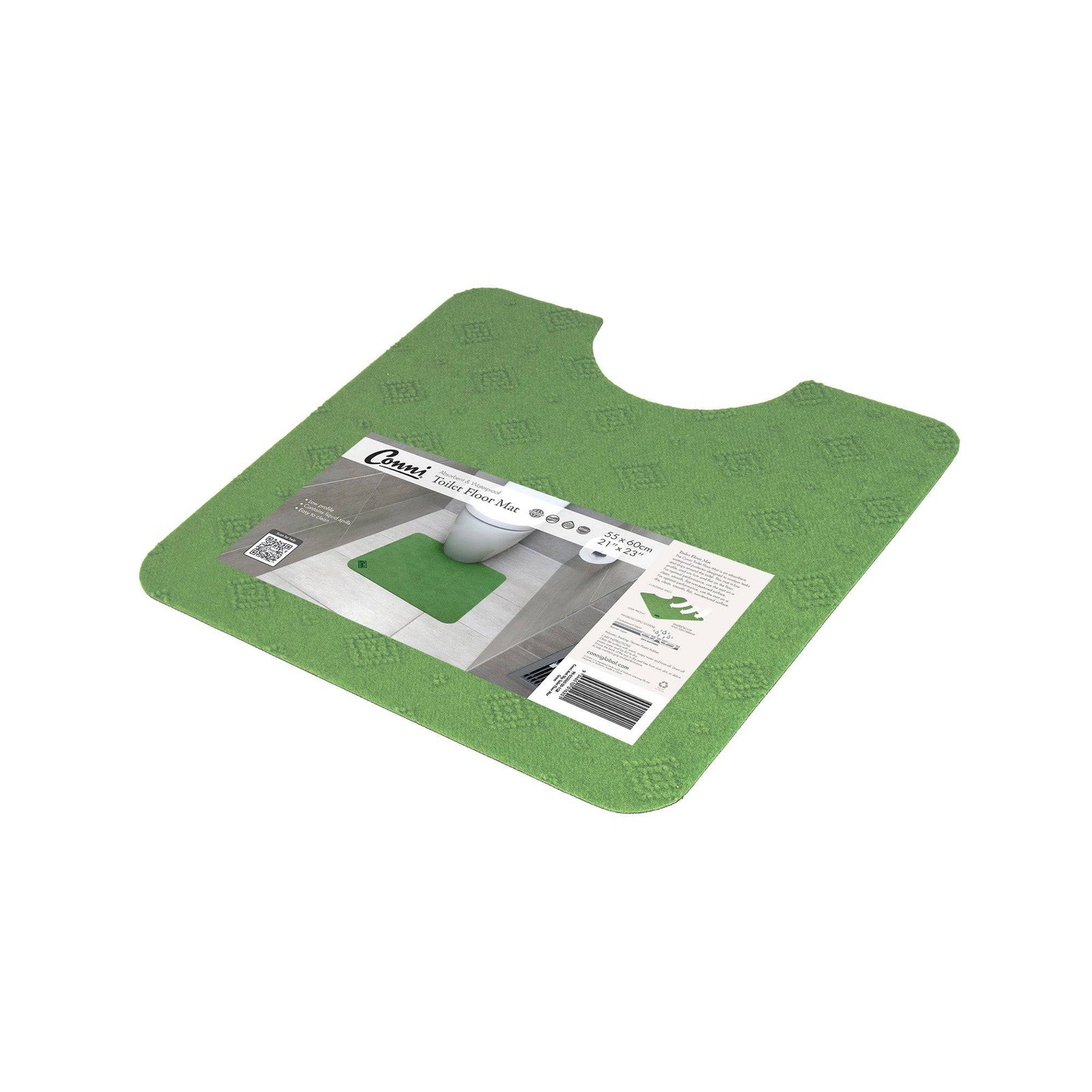 Conni Manchester green toilet floor mat with non-slip backing, soft and absorbent for bathroom comfort and safety.