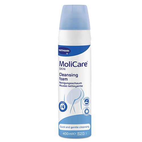 MoliCare Skin Cleanse Foam bottle with a foaming dispenser, showcasing its gentle skin care formula for cleansing.