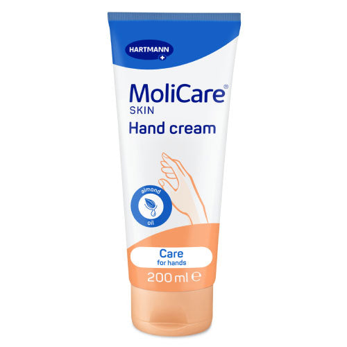 MoliCare Skin Hand Cream tube with a white and green design, placed on a soft textured surface.