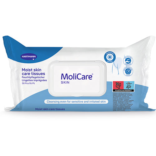 MoliCare Skin Moist Skin Care Tissues in a pack, featuring soft, gentle tissues for effective skin care.
