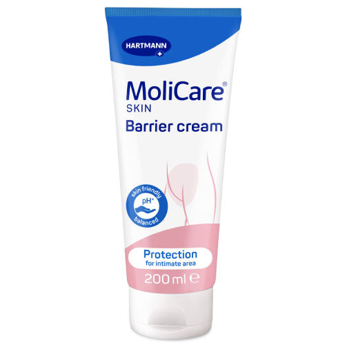 MoliCare Skin Barrier Cream in a tube, designed for protective skin care with a smooth, creamy texture.