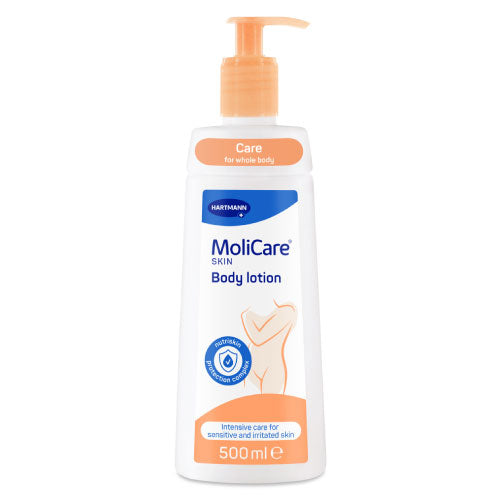 MoliCare Skin Body Lotion in a white bottle, showing the skincare product designed for gentle skin hydration and care.