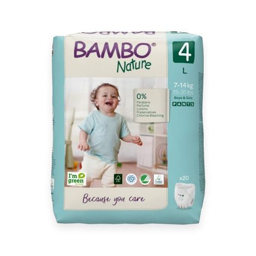 Abena Bambo Nature Nappy Pants Size 4, for continence, showing soft, breathable fabric and snug fit for children 7-14kg.