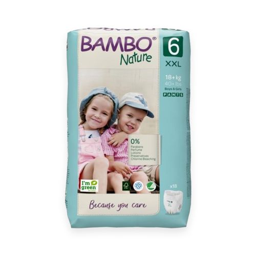 Abena Bambo Nature Nappy Pants Size 6 for 18kg+, continence product, showing soft, absorbent baby diaper designed for comfort.