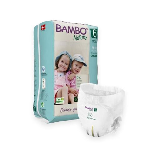 Abena Bambo Nature Nappy Pants Size 6 for 18kg+, continence product, shown in a clean, folded state on a white background.