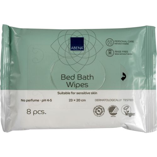 Abena Bed &amp; Bath Skin Care Wipes 23x20cm, soft and gentle for skin cleansing, shown in a package of wipes.