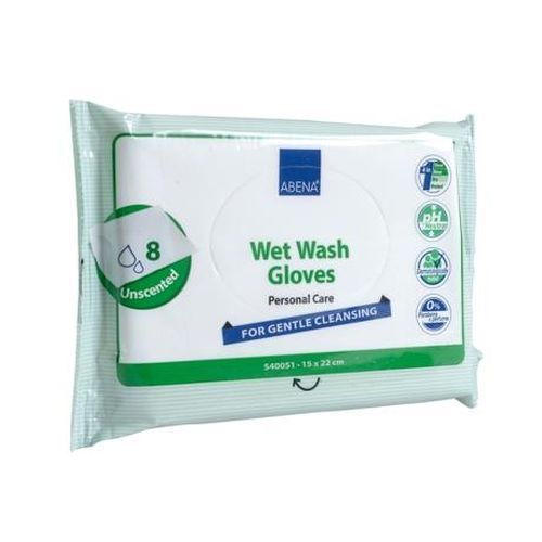 Abena Wet Wash Gloves for skin care, showing soft, textured gloves designed for gentle cleansing and hygiene.