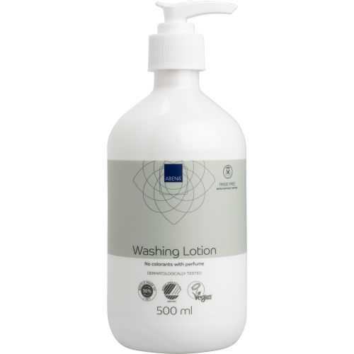 Abena Washing Lotion 500ml bottle, skin care product with white and blue packaging, gentle cleansing solution for skin.