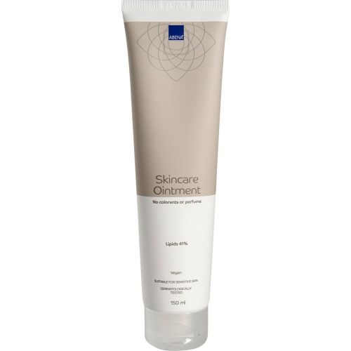 Abena Skincare Ointment in a 150ml tube, designed for skin care and moisturizing, with a white and blue packaging.