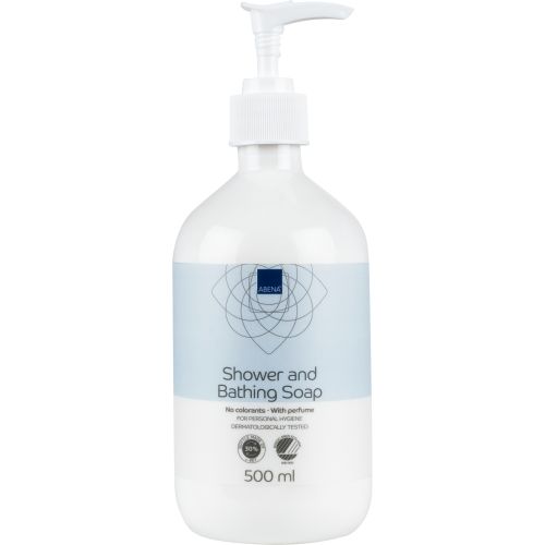Abena Shower and Bath Soap 500ml bottle with white label and pump dispenser, skincare product for cleansing and moisturizing skin.