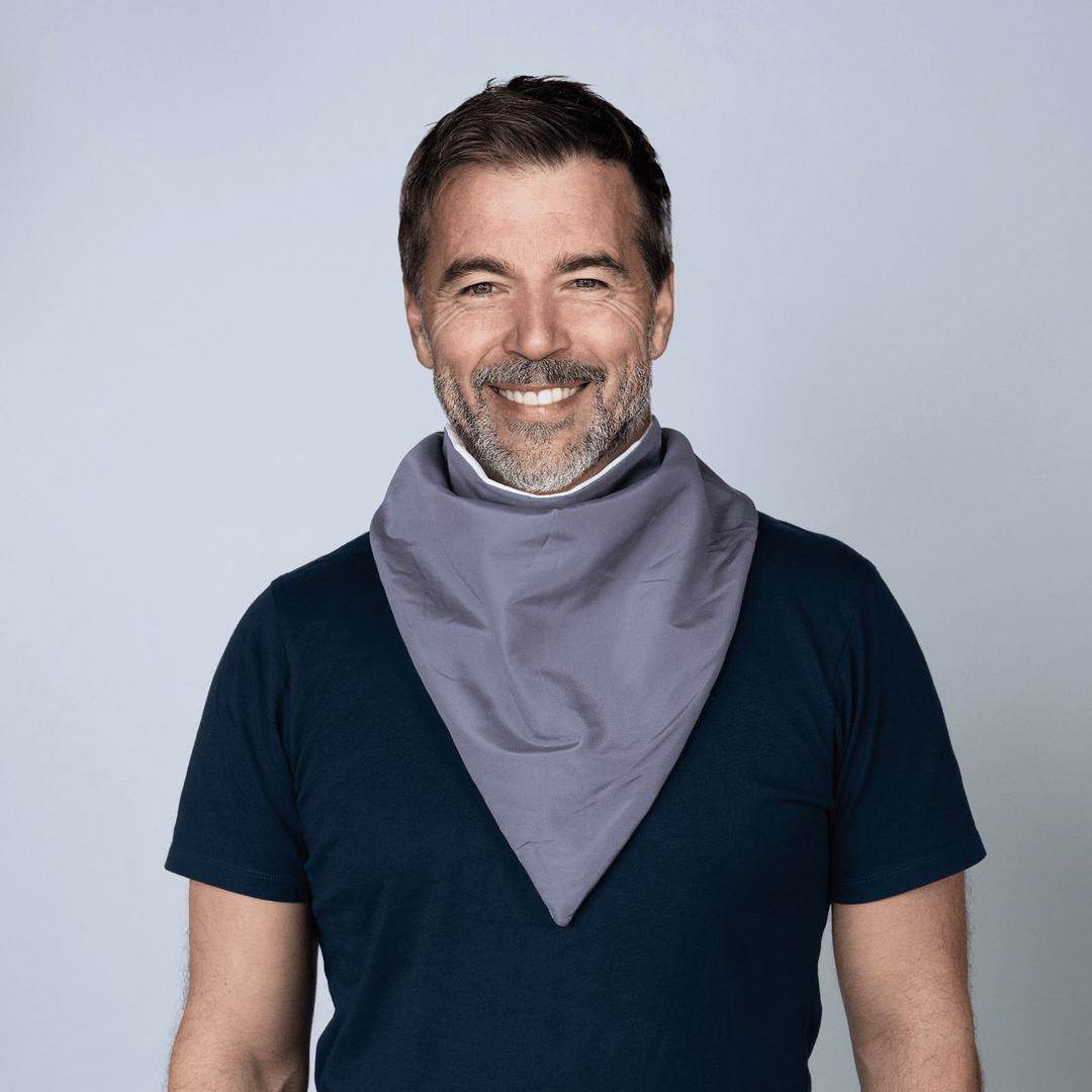 Grey Staydry Bandana from Stay Dry Products, absorbent and waterproof adaptive clothing accessory.