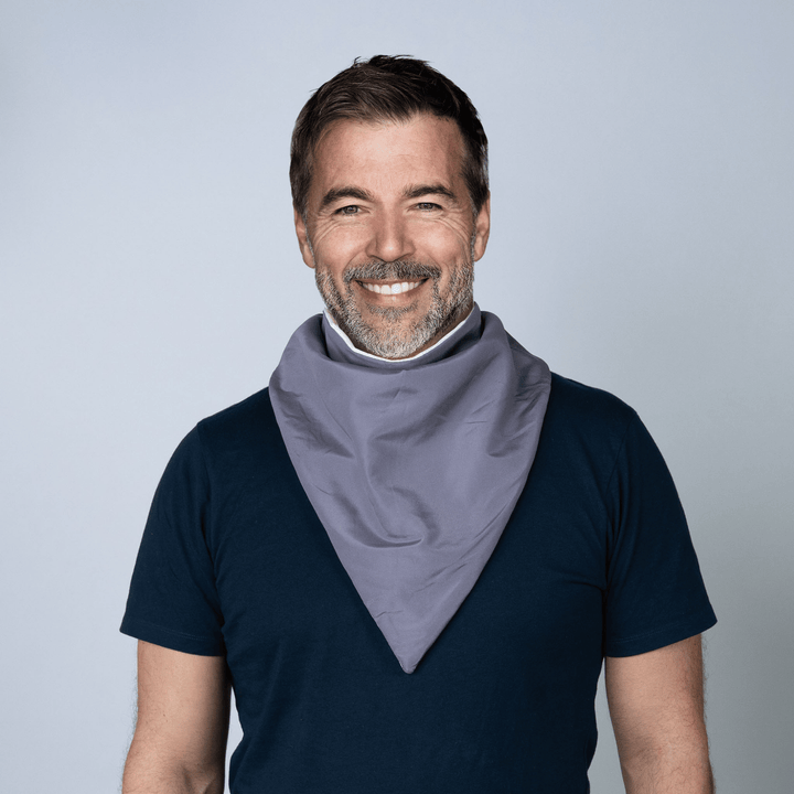 Grey Staydry Bandana from Stay Dry Products, absorbent and waterproof adaptive clothing accessory.