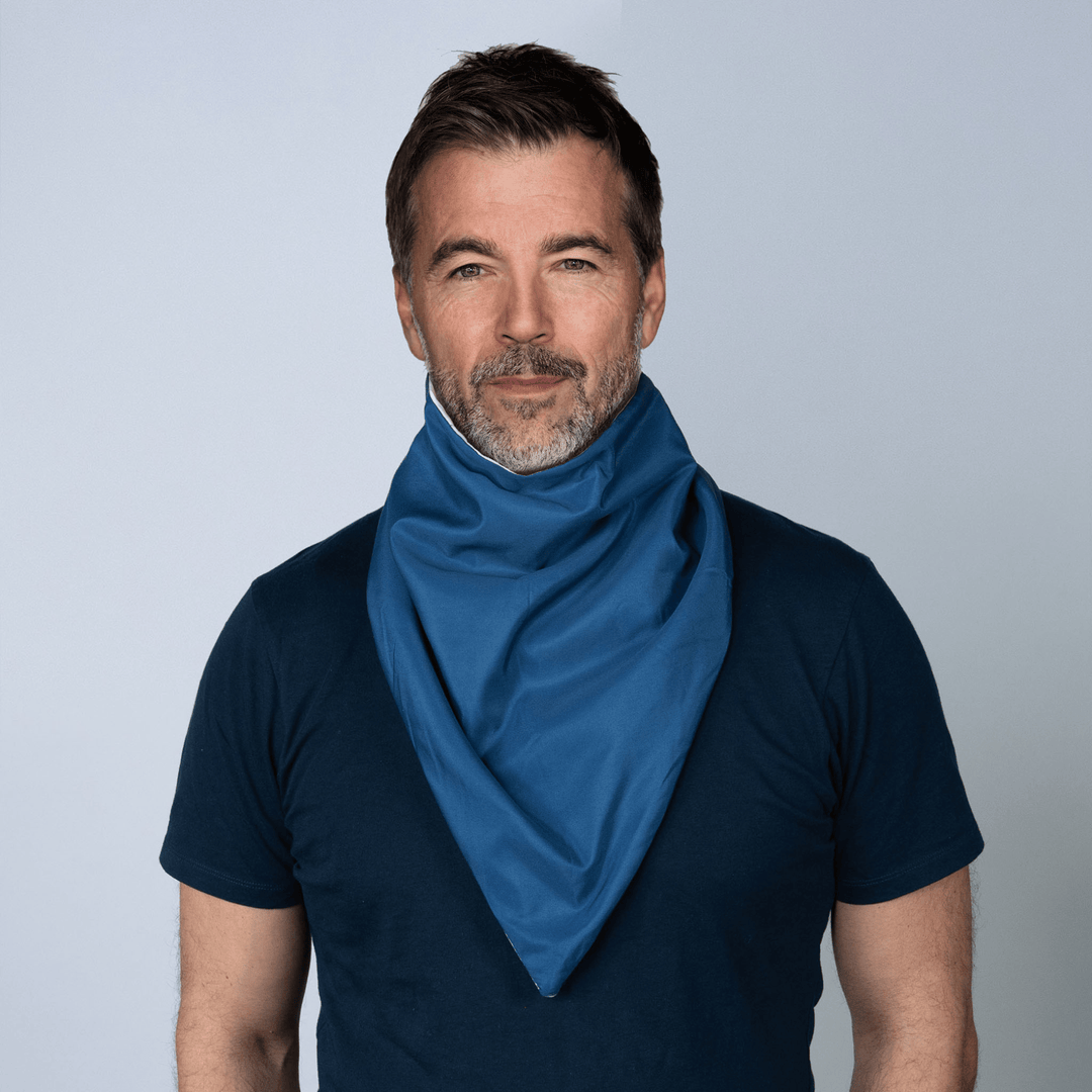 Navy absorbent and waterproof Staydry Bandana from Stay Dry Products, designed for adaptive clothing and leak protection.