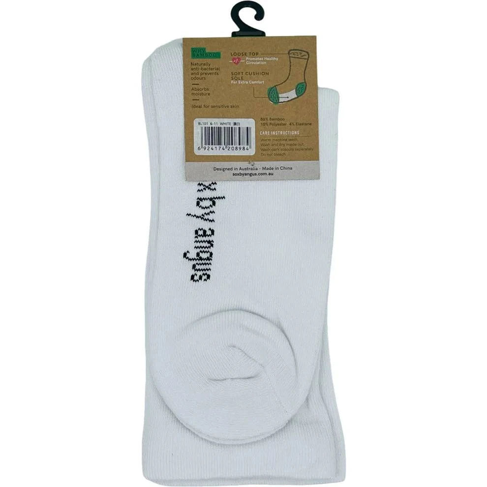 White no-seam bamboo cushion socks by Sox By Angus, featuring a loose top design and soft texture.