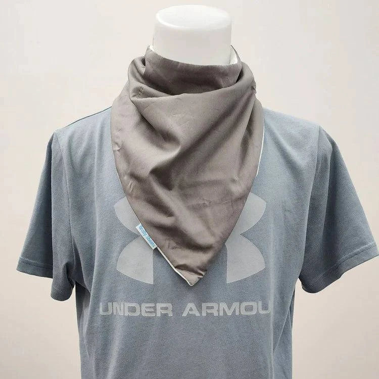Gray Brolly Bandana waterproof and absorbent adaptive clothing accessory by Brolly Sheets, designed for comfort and protection.