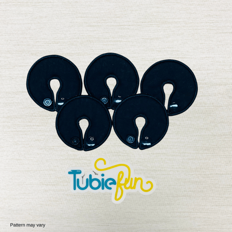 Black Tubie Fun regular G-tube button pad set, 5-pack, for nutrition feeding tubes, designed for comfort and secure fit.