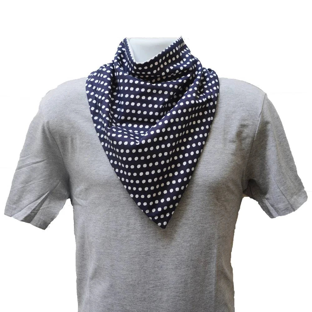 Blue Brolly Bandana Waterproof and Absorbent adaptive clothing accessory by Brolly Sheets, featuring a clear dot pattern design.