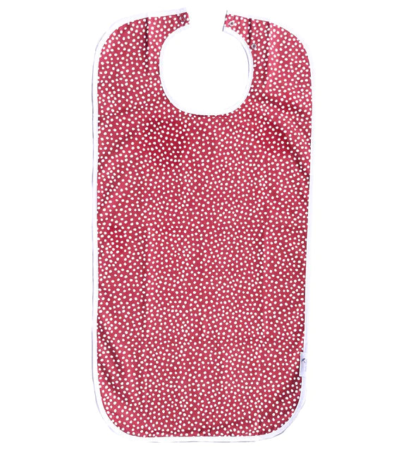 Burgundy dotted Brolly Feeding Bib by Brolly Sheets, an adaptive clothing accessory with a waterproof design and adjustable neck strap.