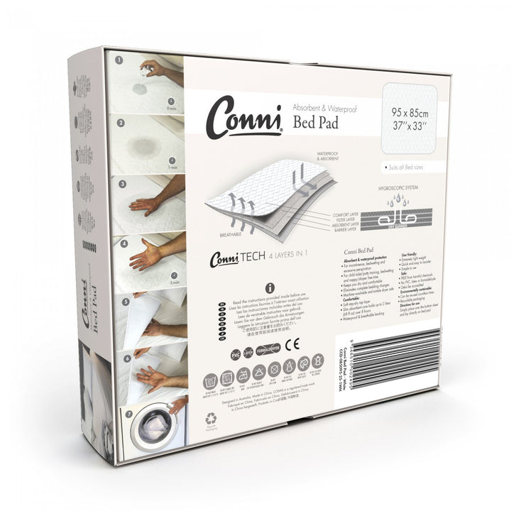 Conni Bed Pad in white, soft fabric design for bed protection, featuring the Conni logo and a practical, absorbent layer.