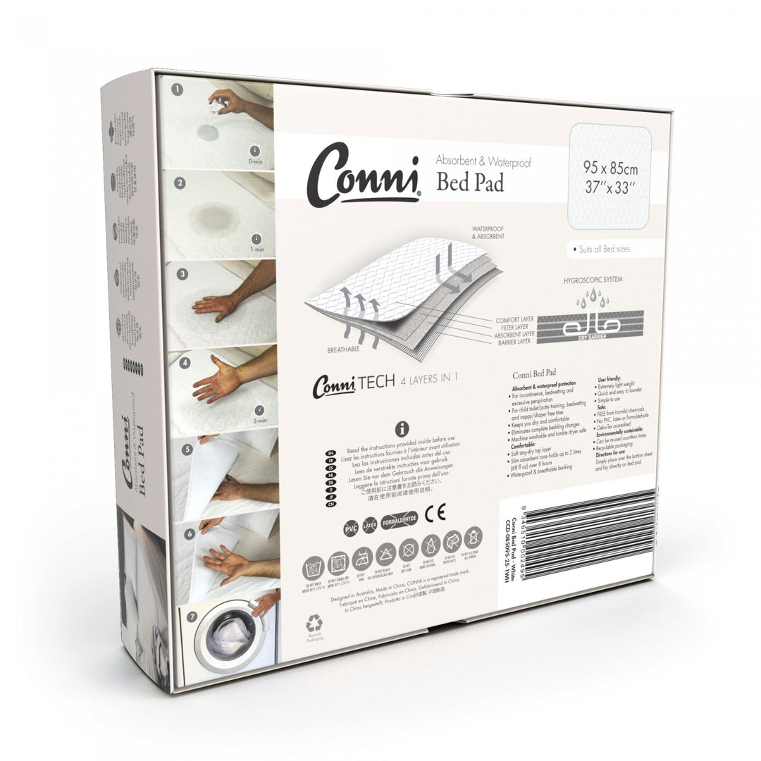Conni Bed Pad in white, featuring soft fabric for mattress protection, ideal for incontinence and bedwetting.