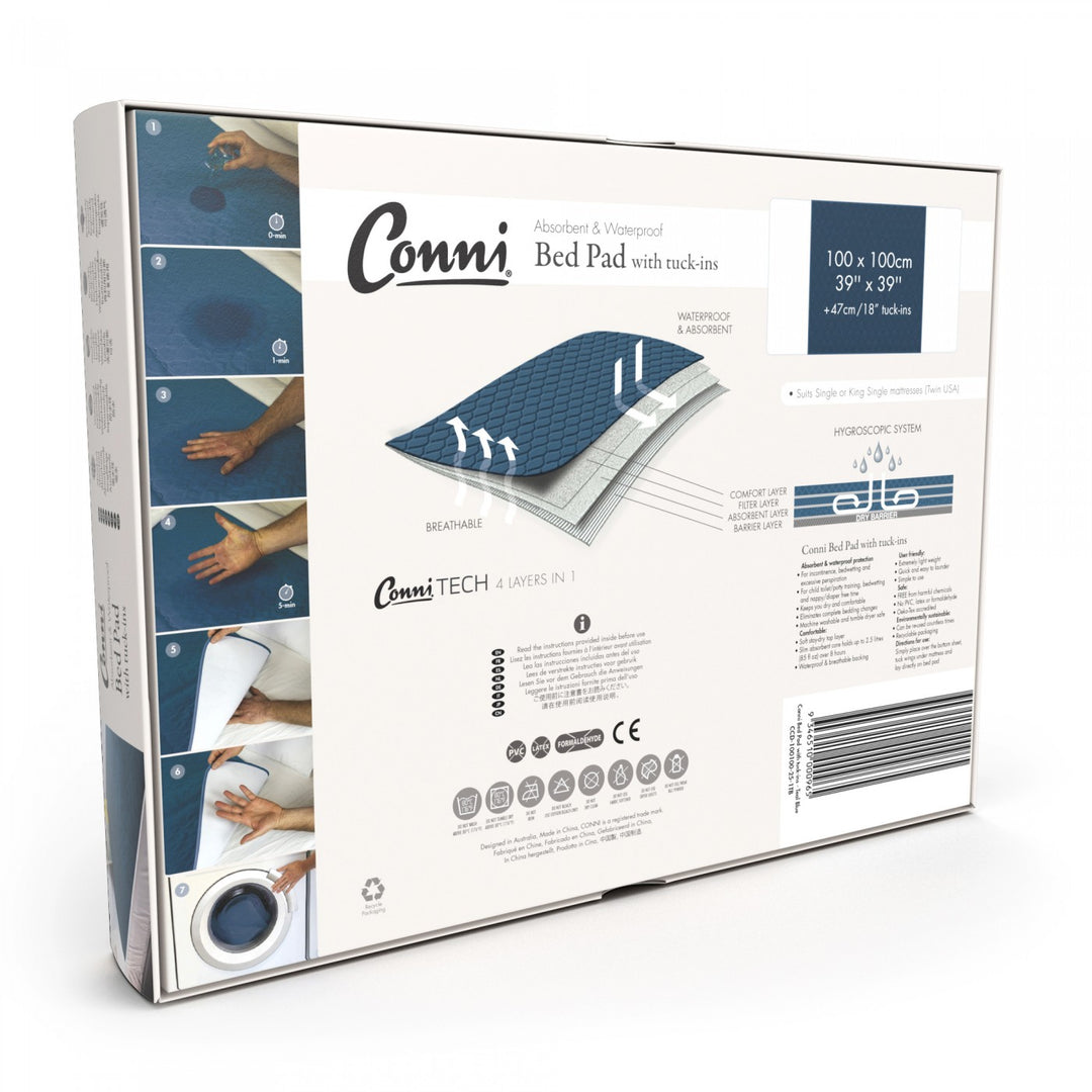 Conni Manchester bed pad with tuck-ins in teal, designed for extra protection and comfort on adult beds.