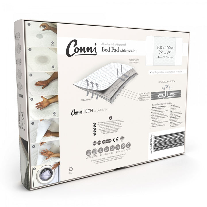 Conni bed pad with tuck-ins, white Manchester protector, designed for added comfort and leak protection in beds.