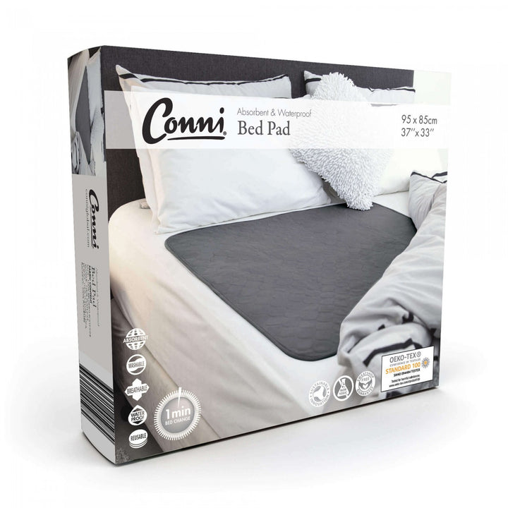 Conni Bed Pad in soft fabric, designed for bed protection, featuring a sleek design with the Conni logo.