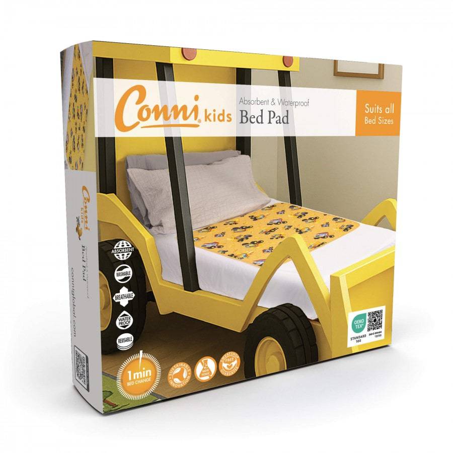 Conni Kids Bed Pad featuring a colorful truck print, designed for comfort and protection during sleep.