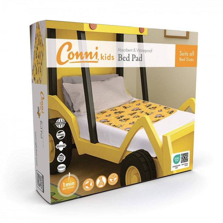 Conni Kids Bed Pad featuring a colorful truck print, designed for comfort and protection during sleep.