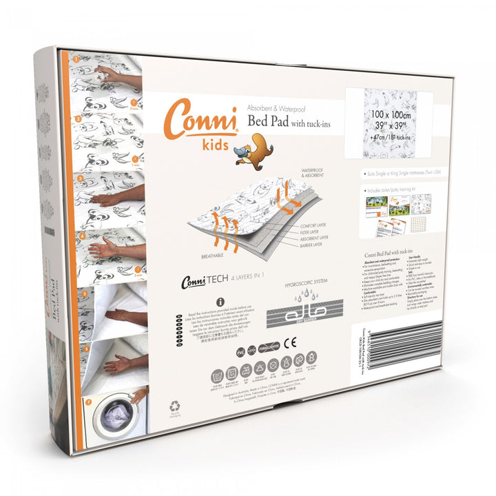 Conni Kids Bed Pad with Tuck-ins featuring Aussie Animals design, ideal for kids' bedding and protection.