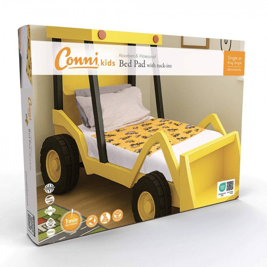 Conni kids bed pad with tuck-ins featuring a truck print, made of soft Manchester fabric for added comfort and protection.