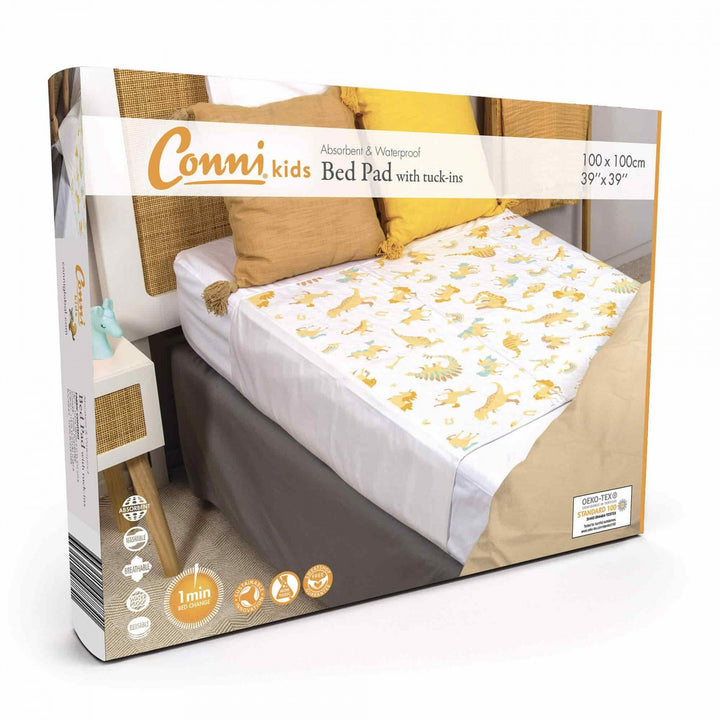 Conni Kids Bed Pad featuring unicorn and dinosaur designs with tuck-ins for secure fit, perfect for nighttime protection.